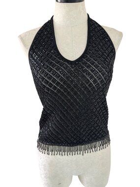 Georgiou Studio Womens Sequin Halter Top Size L Black Beaded Fringe Vintage Part
